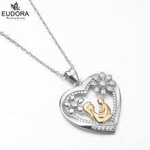 Eudora 100% 925 Sterling Silver Mom and Baby in Heart with Floral Pendant N