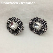 Vintage Geometric Ancient Silver Clear Square Glass Rhinestone Clip On Earr