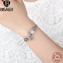 BISAER Original 925 Sterling Silver Heart Bangles & Bracelets Mom Pendant,P