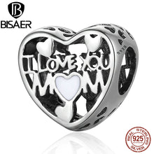 BISAER 100% 925 Sterling Silver Openwork I Love For Mother,Mom Beads fit Pa