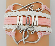 Drop Shipping Infinity Love Mom Double Heart Charm Bracelet  Pink Leather F