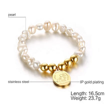 Women Real Pearl Bead Bracelets with Stainless Steel Pendant Gold Mother's