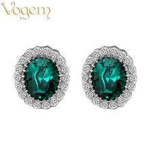 VOGEM Purple Green Blue Red Round Crystal Stud Earrings Vintage Flower Cubi