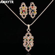 AWAYTR Elegant Flower Jewelry Set Multicolor Cubic Zircon Pendant/Earrings