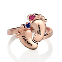 Rose Gold Color Baby feet Ring with Birthstone Engraved Mother Ring Gift fo