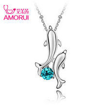 Happy Dolphin Silver Crystal Double Dolphins Chain Family Mom Choker Neckla