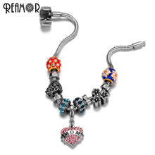 REAMOR 316l Stainless Steel Mom Heart Pendant Bracelet European Blue Crysta