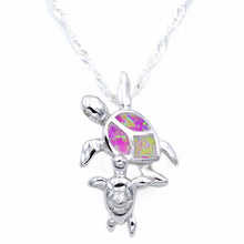 Ocean Blue Fire Opal Pendant Necklace Featuring Sea Turtle Mom and Baby-in