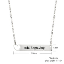 New Stainless Steel  Heart Personalized Engravable Bar Necklace Silver Cust