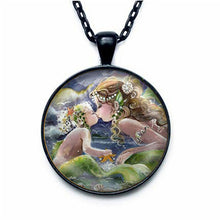 Mermaid Kissing Baby Art Print Pendant Necklace Glass Jewelry Charm Gifts f