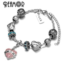 REAMOR 316l Stainless Steel MOM Pink Tiff Heart Pendant Blue Crystal Spacer