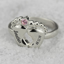 White Gold Color Engraved Baby Feet Ring with Birthstone Jewelry for New Mo