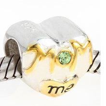 MOM love me Heart Beads with Peridot Crystal 100% 925 Sterling Silver Charm