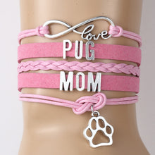 (10pcs/lot) Infinity Love PUG MOM Bracelet Dog Paw Charm Leather Rope Wrap
