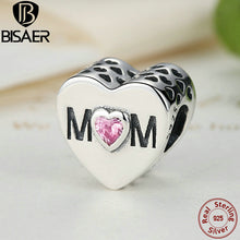 Real 925 Sterling Silver Pink CZ Openwork Mom Charm Beads fit Pandora Charm