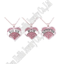 Set of 3 Big Sis MOM Little Sis Clear Crystal Heart Pendant Emblem Necklace
