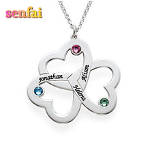 Custom Name Triple Love Hearts Birthstone Pendant Necklace,Hand Stamped Jew