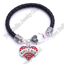 NAVY MOM  Heart leather Bracelet Crystal  Hearts Metal Dancing Art Lobster