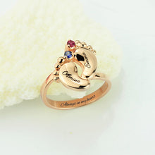 Rose Gold Color Baby feet Ring with Birthstone Engraved Mother Ring Gift fo