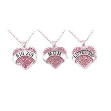 Set of 3 Love Family Big Sis Little Sis Mom Crystal Paved Top Heart Pendant