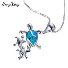 RongXing Mom & Baby Turtle Blue Fire Opal Pendants Necklaces For Women 925
