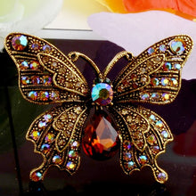 2" Vintage Butterfly Brooch Antique Gold Tone Rhinestone Crystal Diamante J