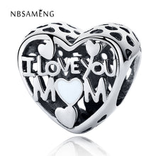 Authentic 925 Sterling Silver Bead Heart I Love You MOM Charms Beads Fit Pa