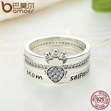 BAMOER 925 Sterling Silver Stackable Heart ,Crown ,Selfless Mom Ring for Wo