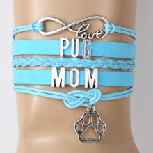 (10pcs/lot) Infinity Love PUG MOM Bracelet Dog Paw Charm Leather Rope Wrap