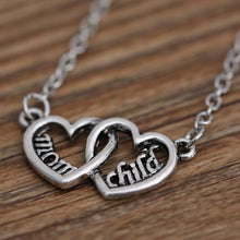 Antique Silver Mom and Child Double Heart Shaped Love Necklace Mother's Day