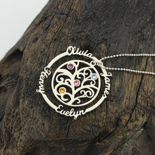 Family Tree Necklace with Birthstone Silver Hand Stamped Mother Necklace Bi
