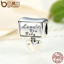 BAMOER 100% 925 Sterling Silver Love you baby Love Forever Heart Charm Fit