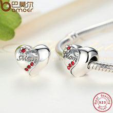 BAMOER Authentic 925 Sterling Silver MOM Red Heart Charms fit  Bracelets Mo