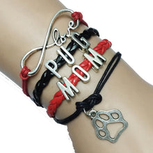 Drop Shipping Infinity Love Pug MOM Paw Bracelet  Red with Black Leather Ro