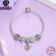 Original 925 Sterling Silver Heart Bangles & Bracelet with Mom Pendant,Pink