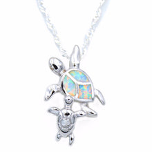Ocean Blue Fire Opal Pendant Necklace Featuring Sea Turtle Mom and Baby-in