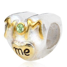 MOM love me Heart Beads with Peridot Crystal 100% 925 Sterling Silver Charm