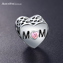 ANFASNI Original Authentic 925 Sterling Silver MOM Pink Heart Charms and Da