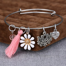 Adjustable Bangle Mom Engraved Heart Love Sunflower Tassel Beads Charms Ban