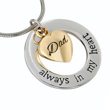 Unisex Mom and Dad pendant Always in my heart memorial cremation Screw Urn