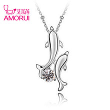 Happy Dolphin Silver Crystal Double Dolphins Chain Family Mom Choker Neckla