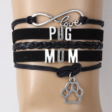 (10pcs/lot) Infinity Love PUG MOM Bracelet Dog Paw Charm Leather Rope Wrap