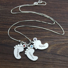 Moms Jewelry Silver Baby Feet Charm Necklace with Birthstone  Kids Name Nec
