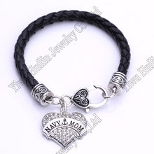 NAVY MOM  Heart leather Bracelet Crystal  Hearts Metal Dancing Art Lobster