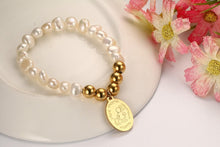 Women Real Pearl Bead Bracelets with Stainless Steel Pendant Gold Mother's