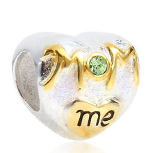 MOM love me Heart Beads with Peridot Crystal 100% 925 Sterling Silver Charm