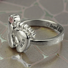 White Gold Color Engraved Baby Feet Ring with Birthstone Jewelry for New Mo
