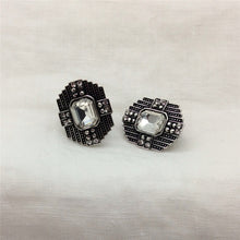 Vintage Geometric Ancient Silver Clear Square Glass Rhinestone Clip On Earr