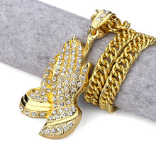 Gold Color Praying Hands Pendants Bling Jewelry Gifts Full Hand Crystal Nec