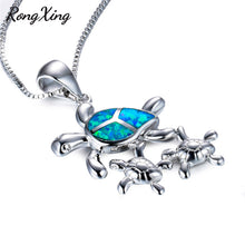 RongXing Mom & Baby Turtle Blue Fire Opal Pendants Necklaces For Women 925